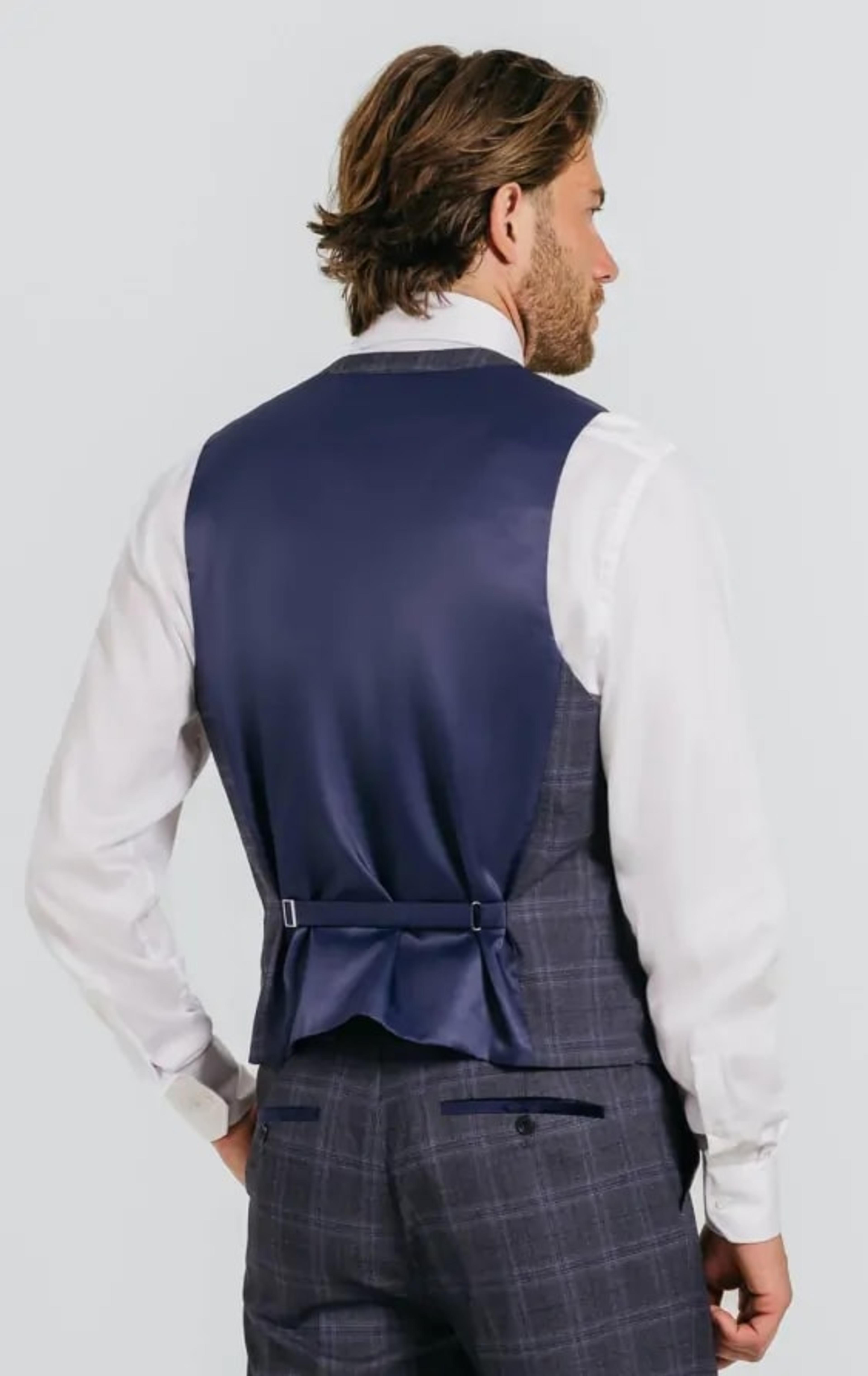 Grey and Blue Check with Navy Trim Waistcoat thumbnail 8