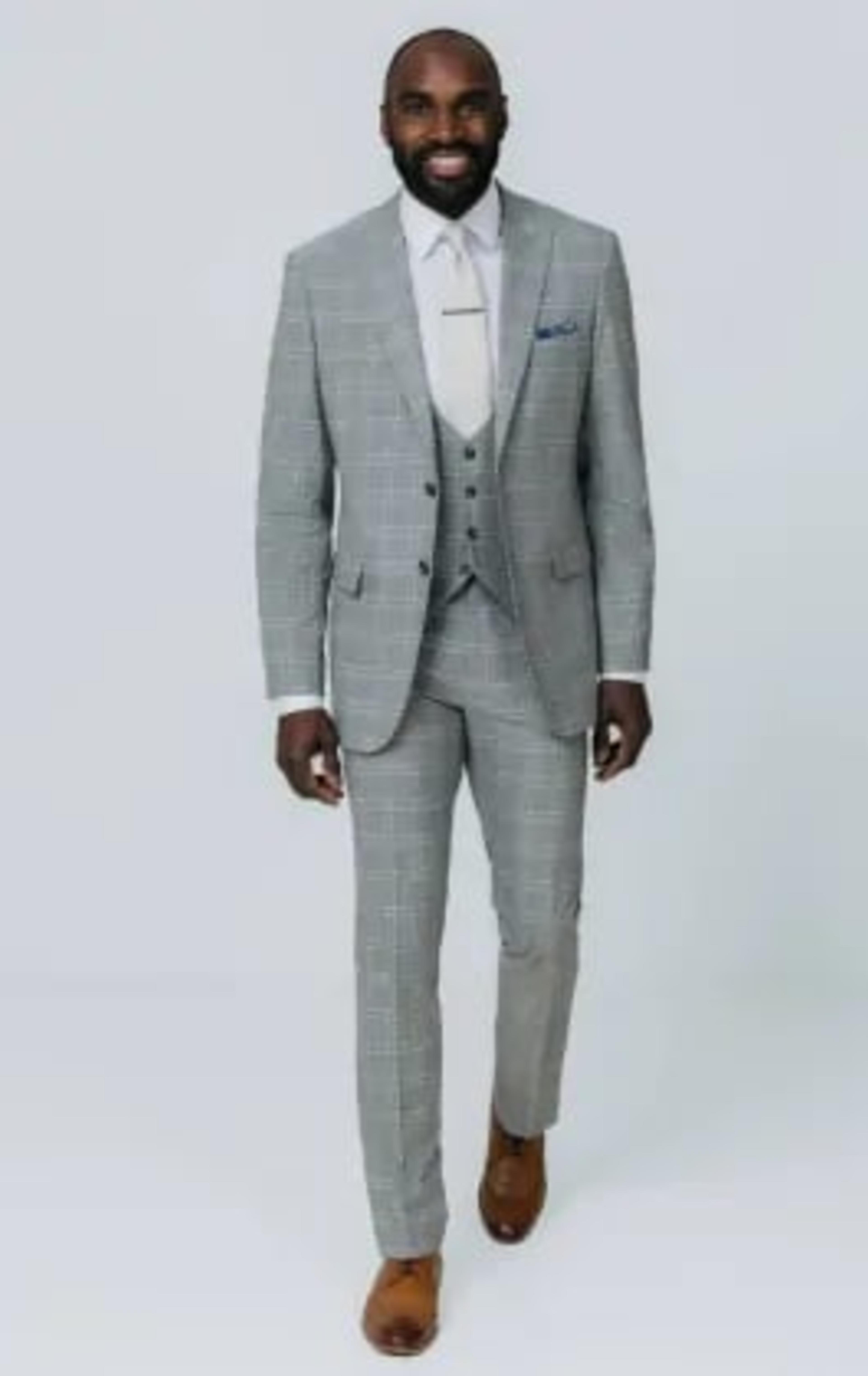 Grey with Tan Check 3 Piece Suit with Peak Lapel thumbnail 3
