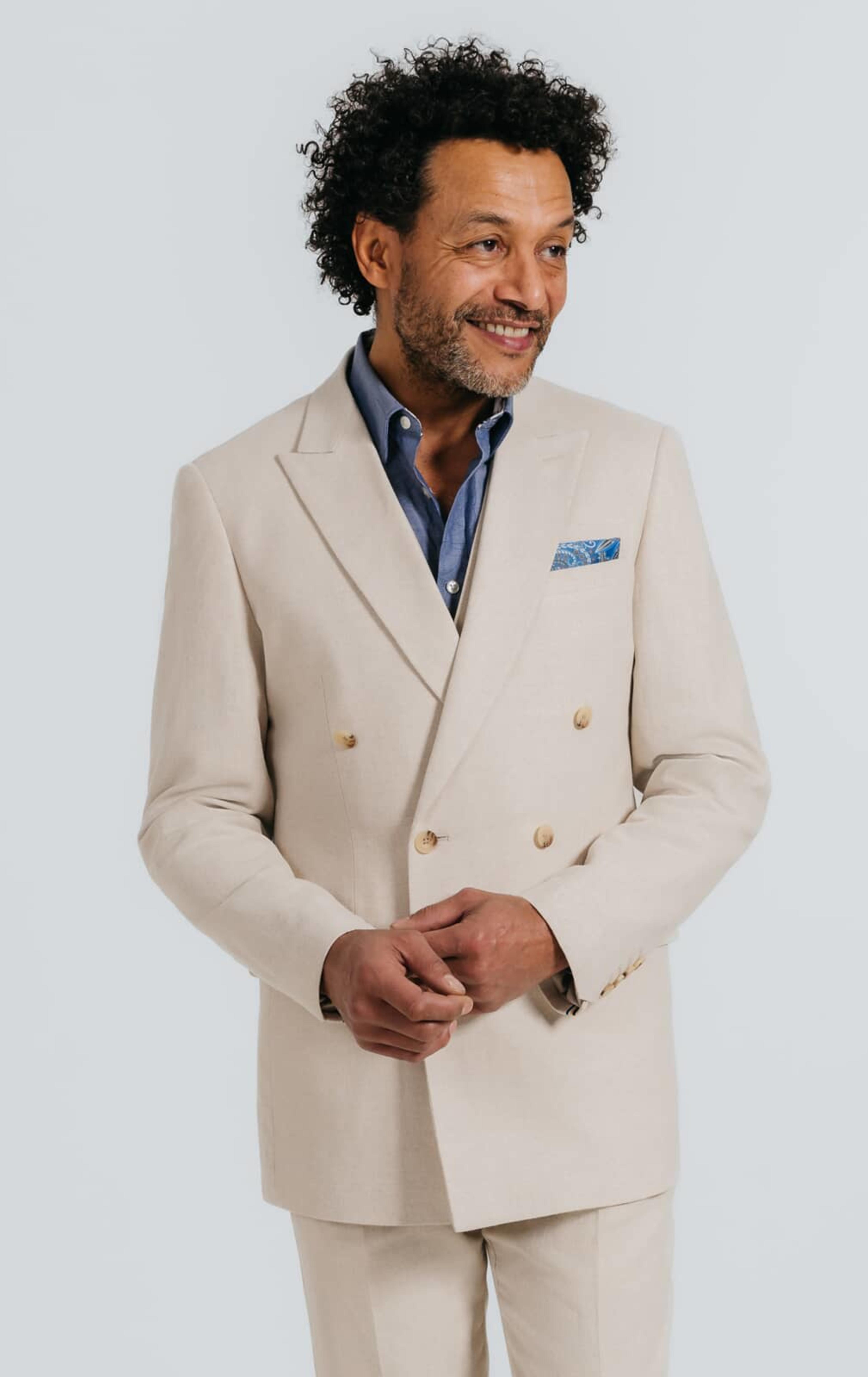 Oatmeal Linen Herringbone Double Breasted 3 Piece Suit with Peak Lapel primary image