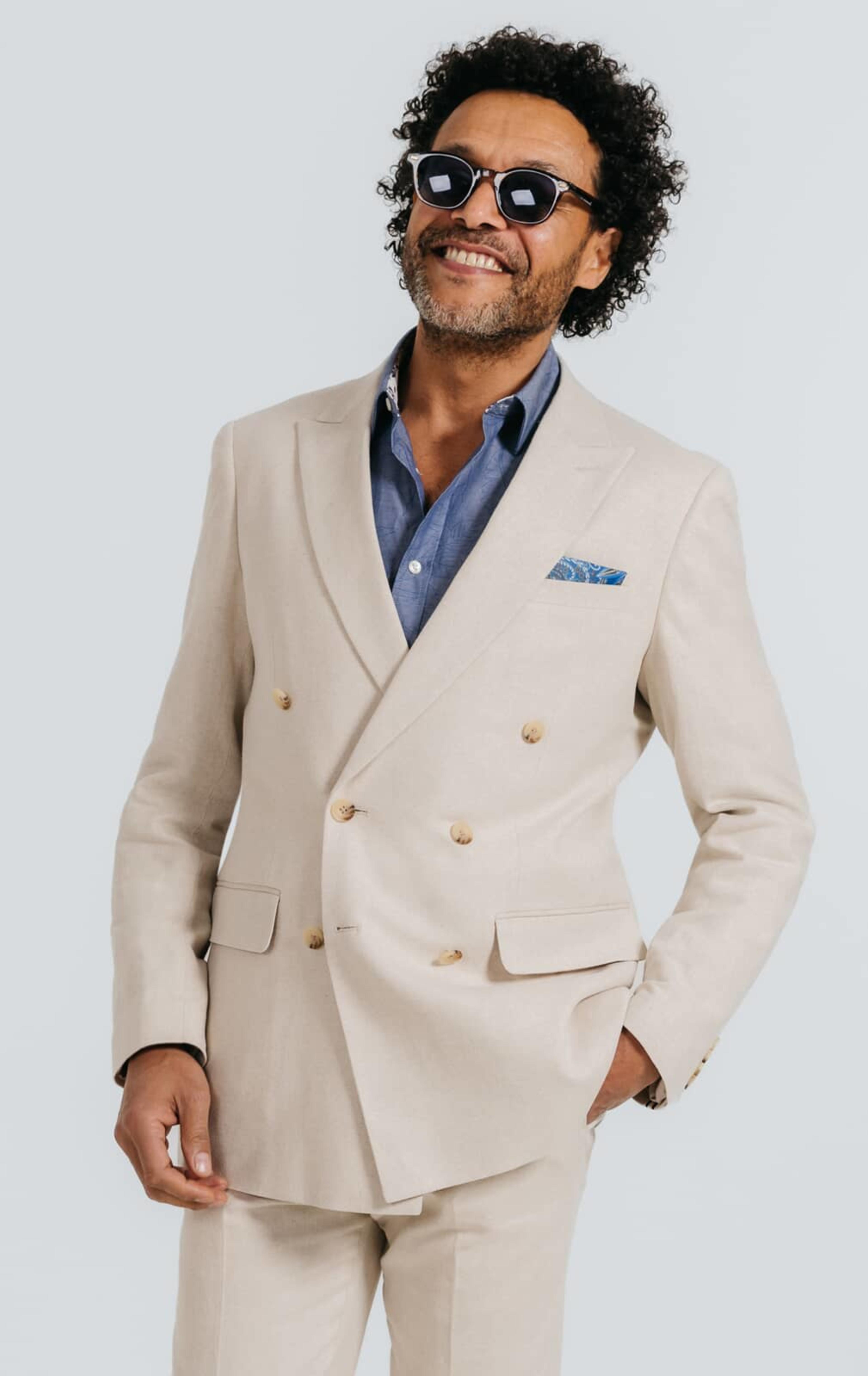 Oatmeal Linen Herringbone Double Breasted Suit with Peak Lapel primary image