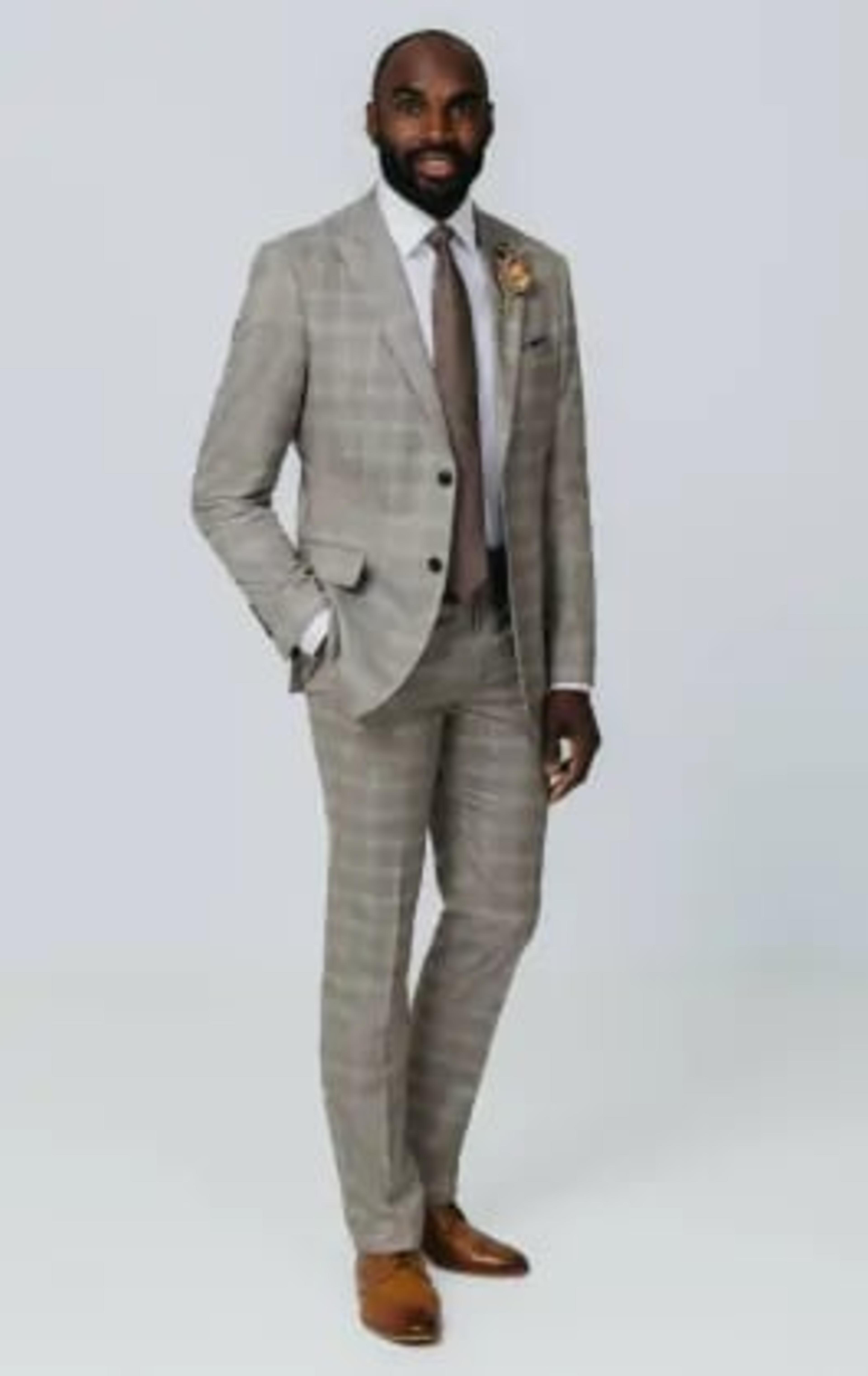Taupe Check Suit Jacket with Peak Lapel thumbnail 3