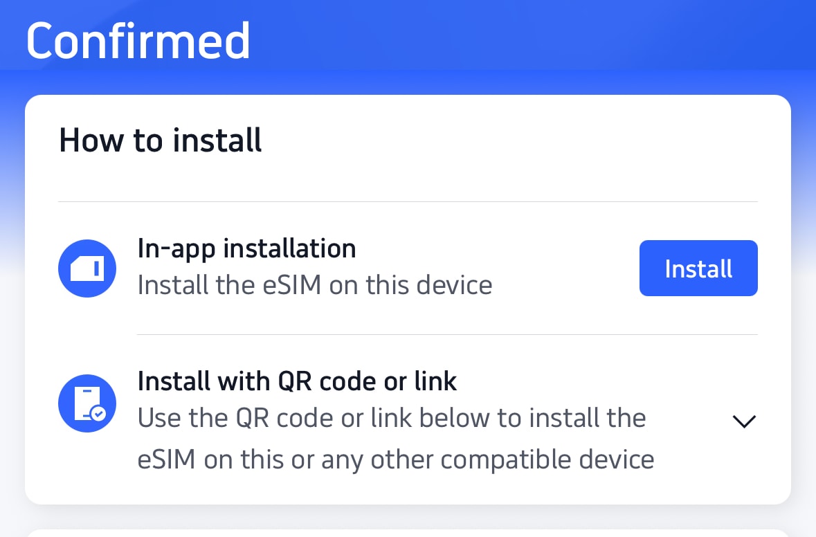 A screen displays installation options for eSIMs by region: 'In-app installation' with an Install button, and 'Install with QR code or link' to use on this or another compatible device. The section is titled 'How to install.'