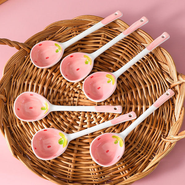 6-Piece Cute Strawberry Ceramic Spoon Set | Creative Long-Handled Fruit & Dessert Spoons