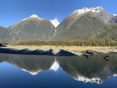 McKerrow Island and Mt Tutoko reflected in the Hollyford River