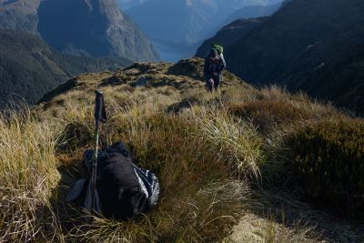 An Empty Pack high on a ridge near Patea Doubtful Sound