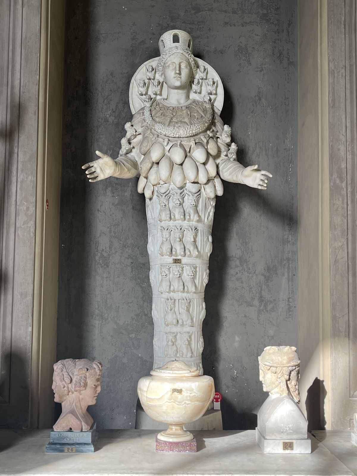 Artemis of Ephesus, 2nd - 3rd century CE. Pendant shapes represent fertility, bull testicles or breasts. The Apostle Paul wanted desperately to destroy the mother goddess cult in Ephesus, and he eventually succeeded.