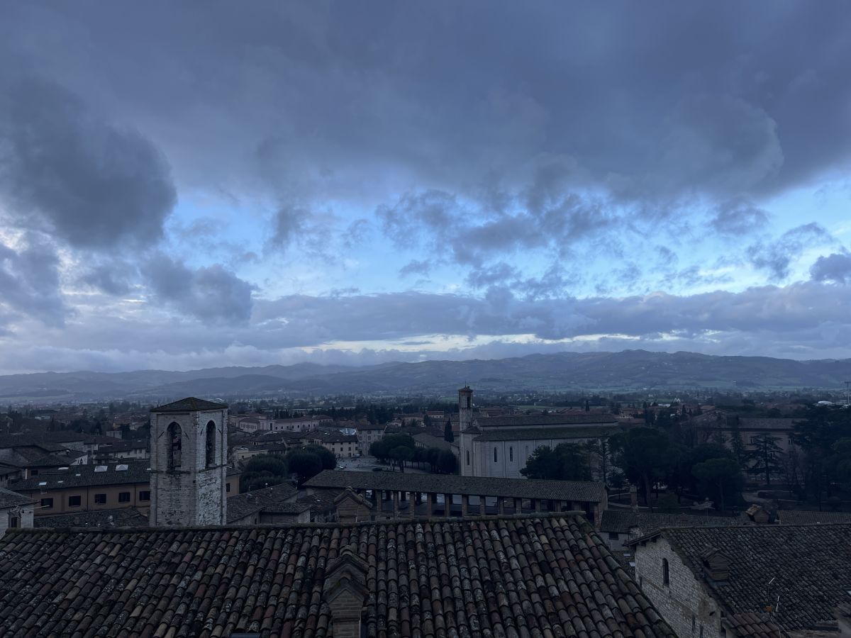 View of Gubbio at dusk from the Piazza dei Consili