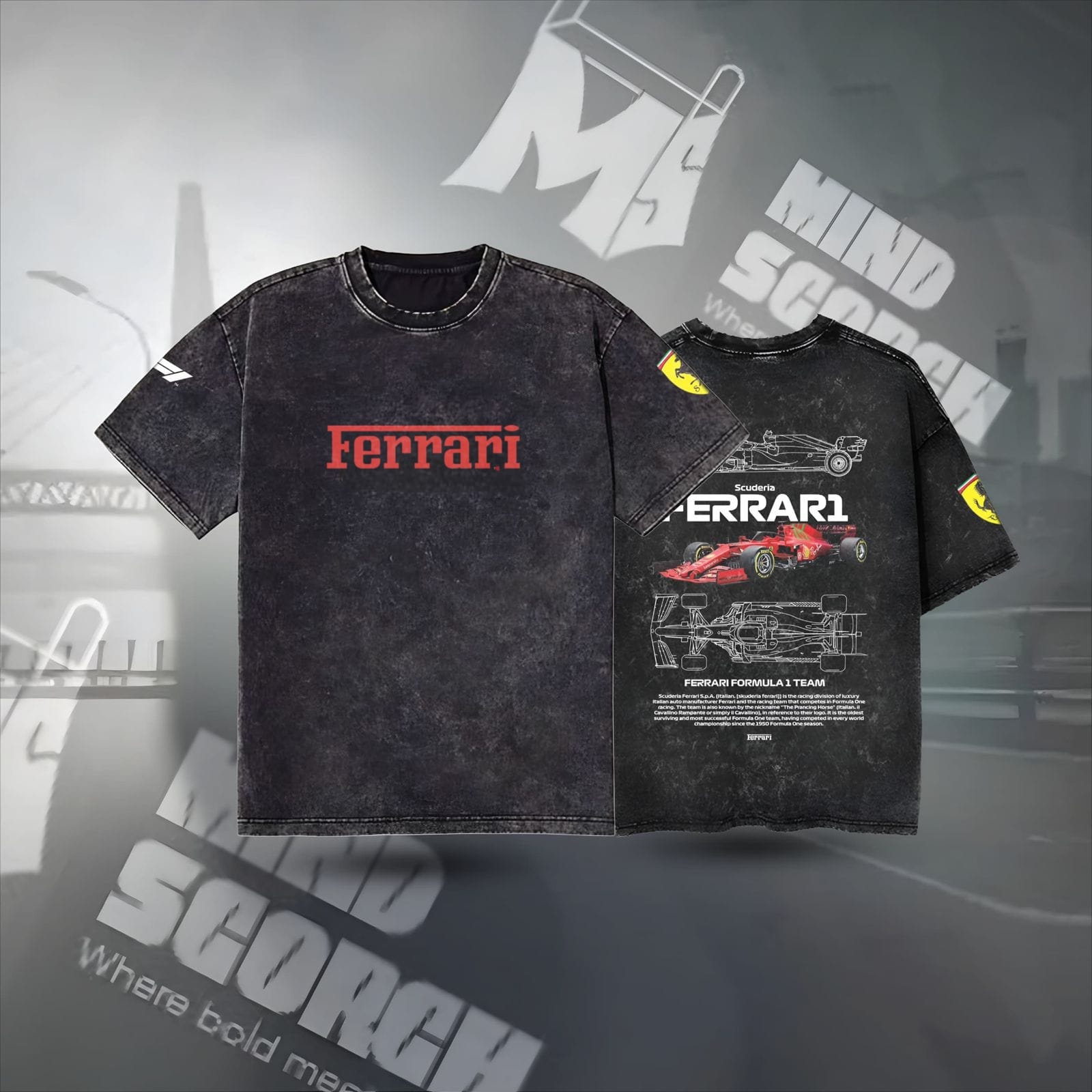 Vintage-Inspired Tee: Acid Wash Ferrari F1 with Drop Shoulder