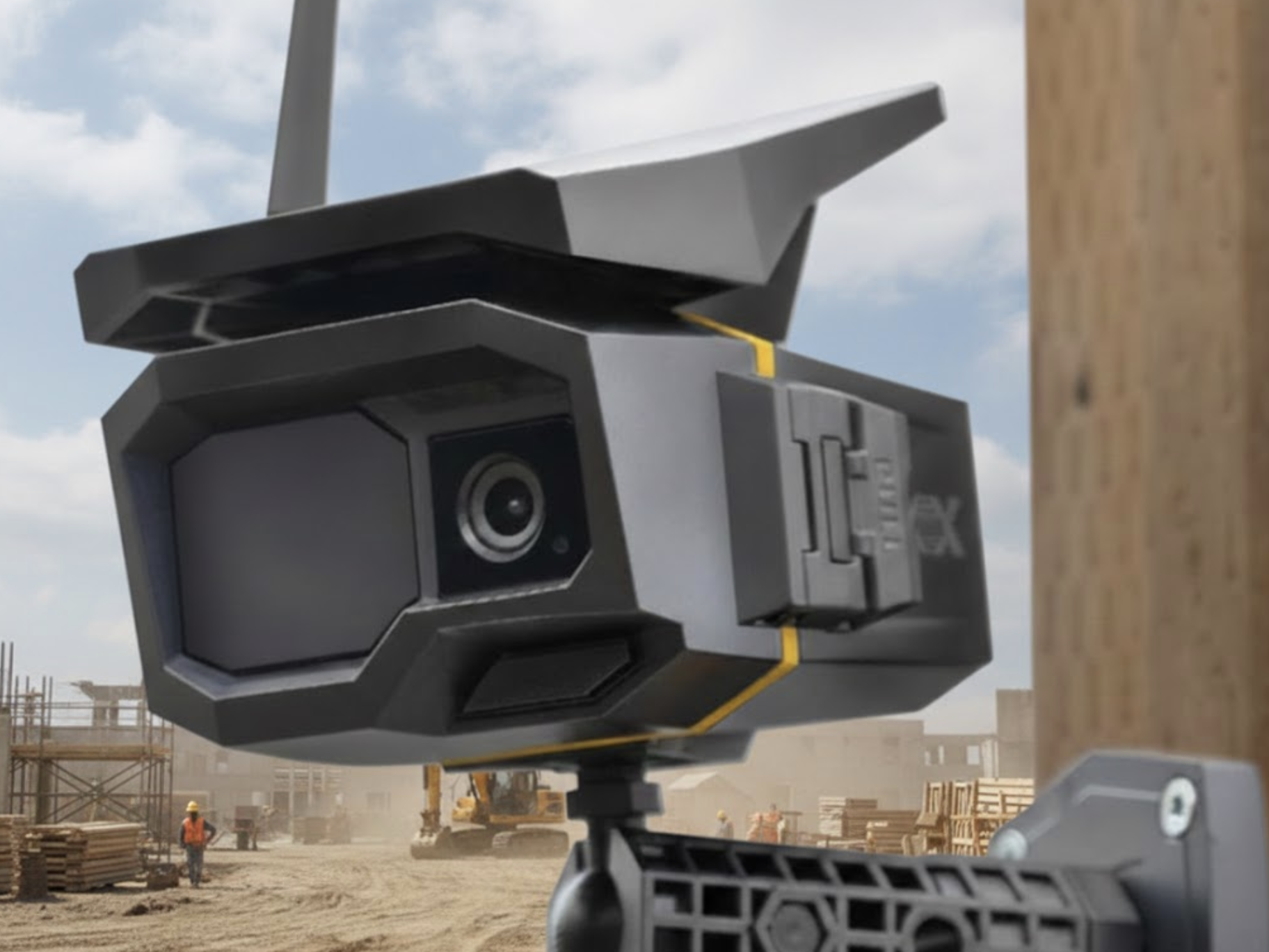 Security camera mounted on building exterior