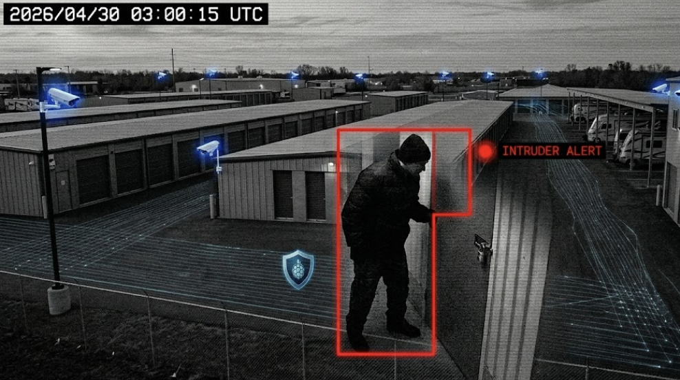 Security camera mounted on building exterior