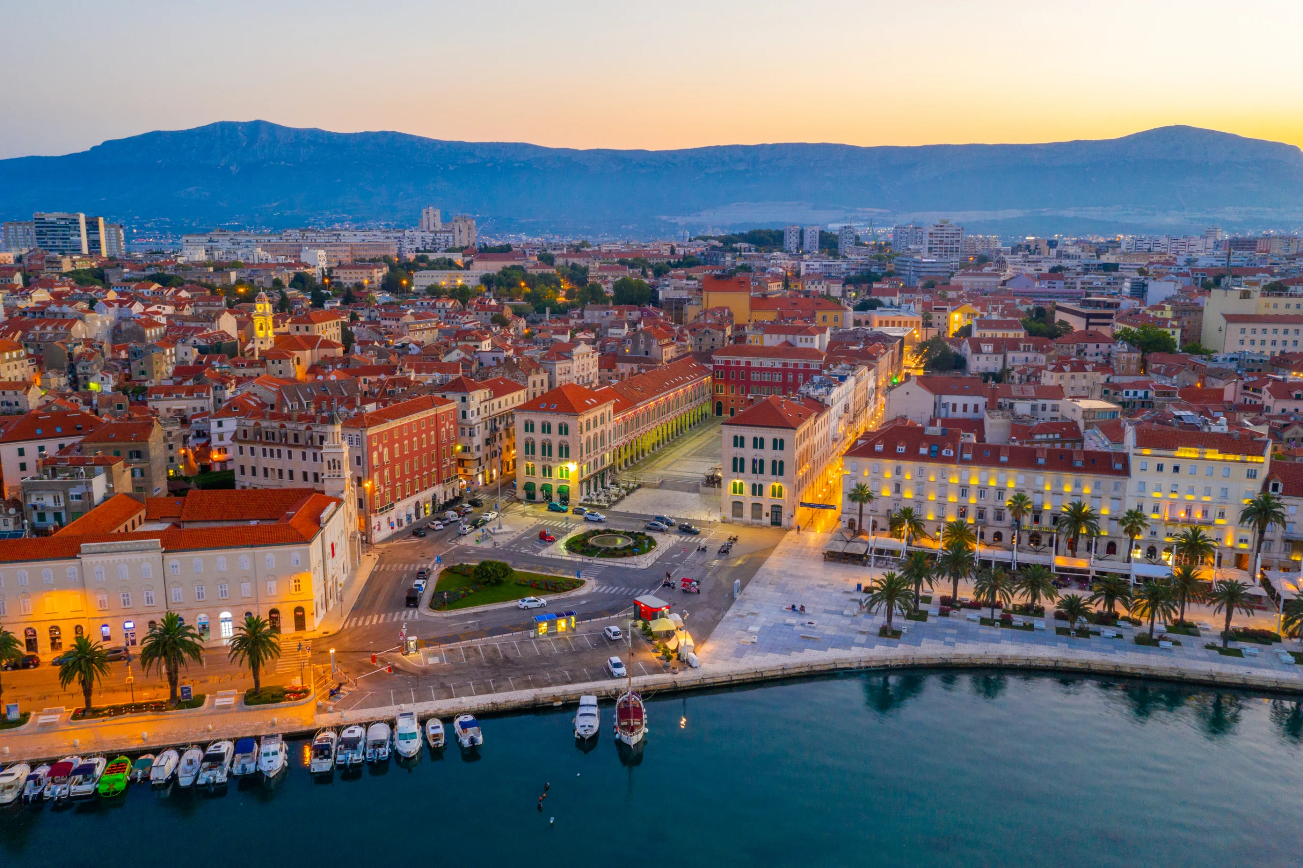 Night aerial view of the Republic square in Split, Croatia