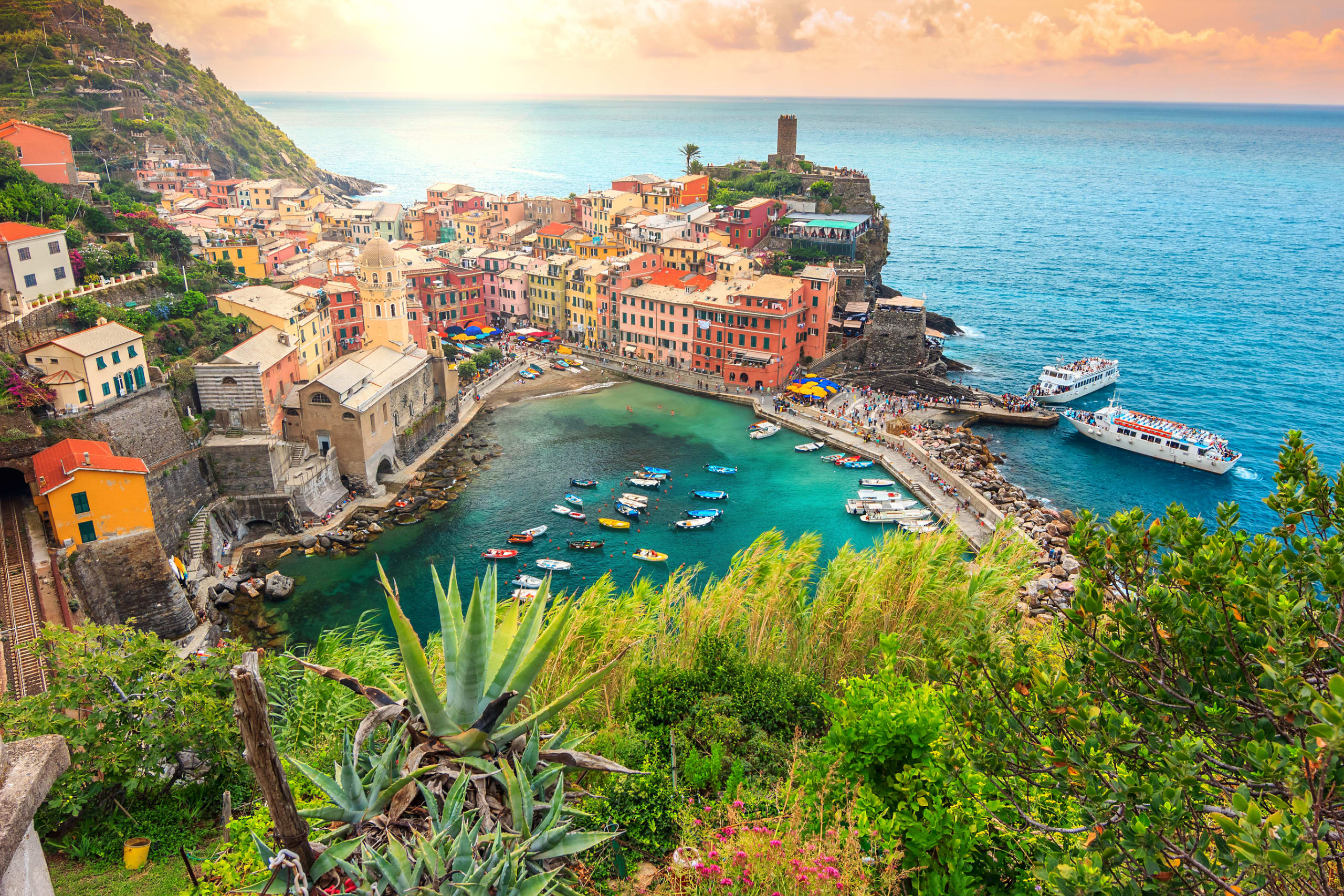 Vernazza village and stunning sunrise,Cinque Terre,Italy,Europe