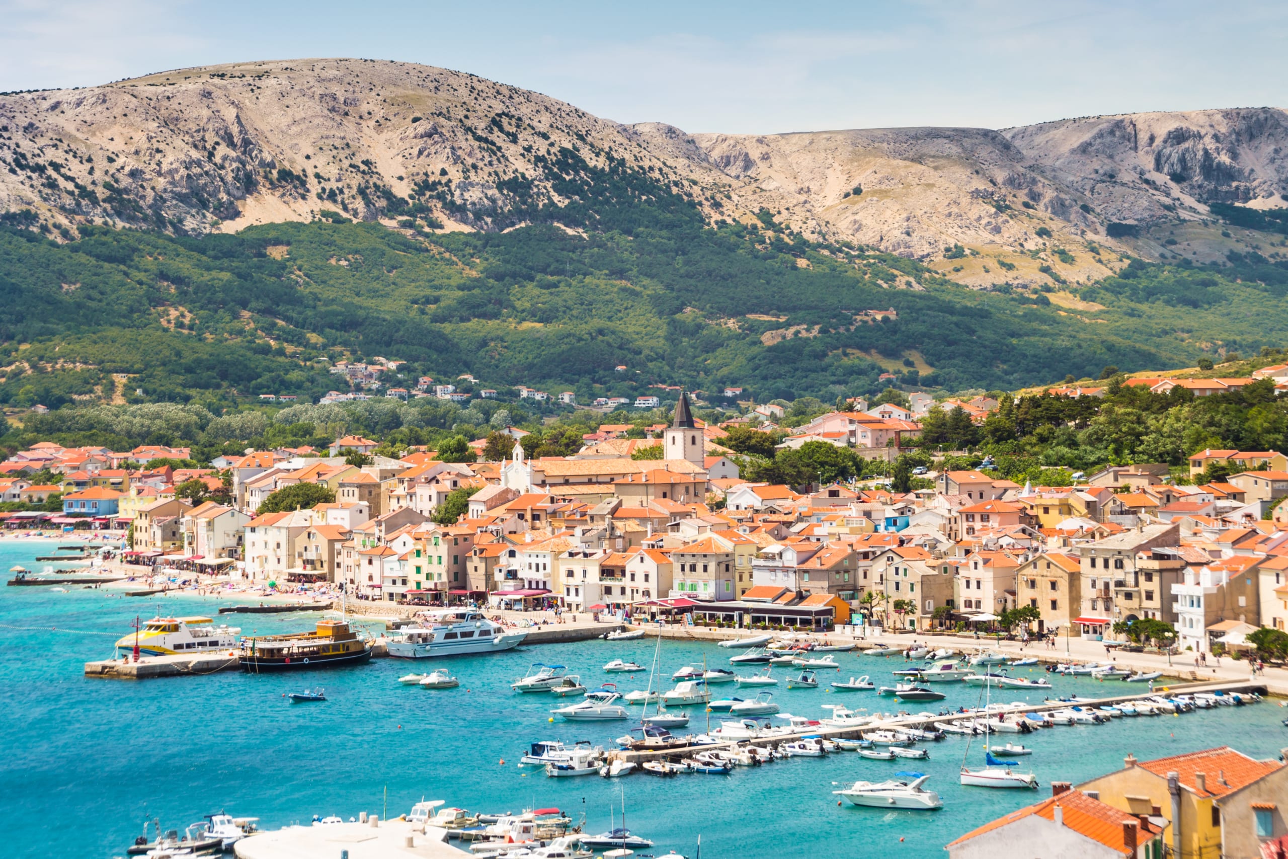 Panoramic view of Baska town, popular touristic destination on island Krk Croatia Europe.