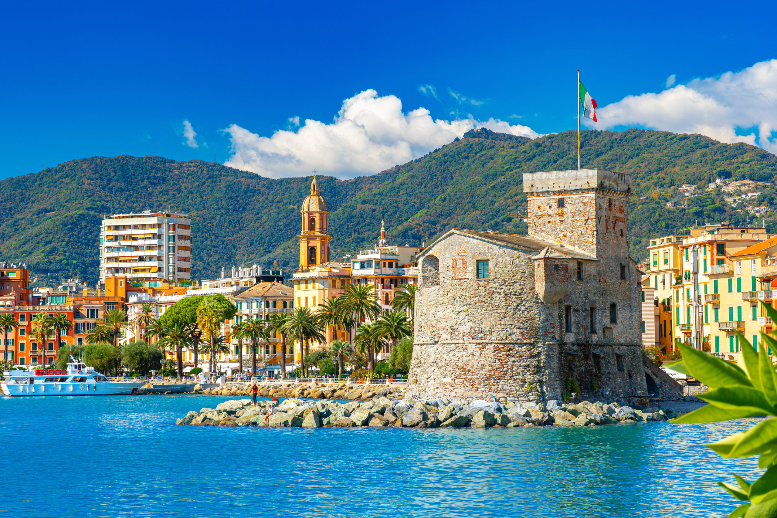 Beautiful view of the coast and ancient castle in Rapallo. Italy.