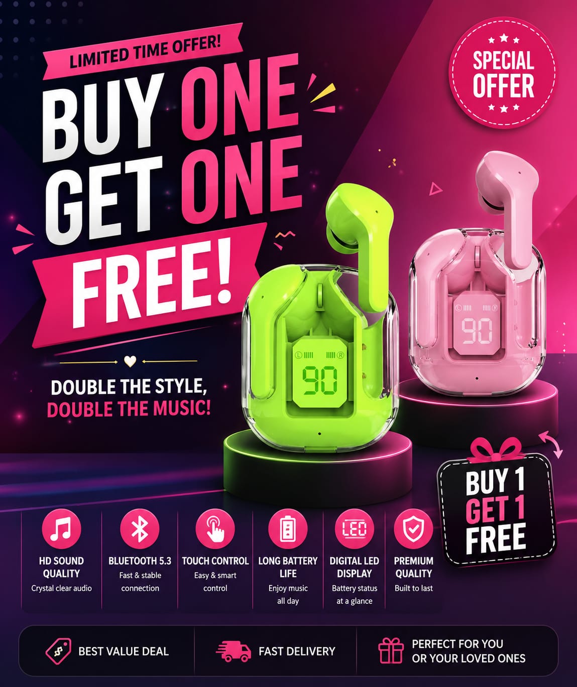 BUY ONE GET ONE FREE Air 31 TWS Transparent Wireless Earbuds - view 3