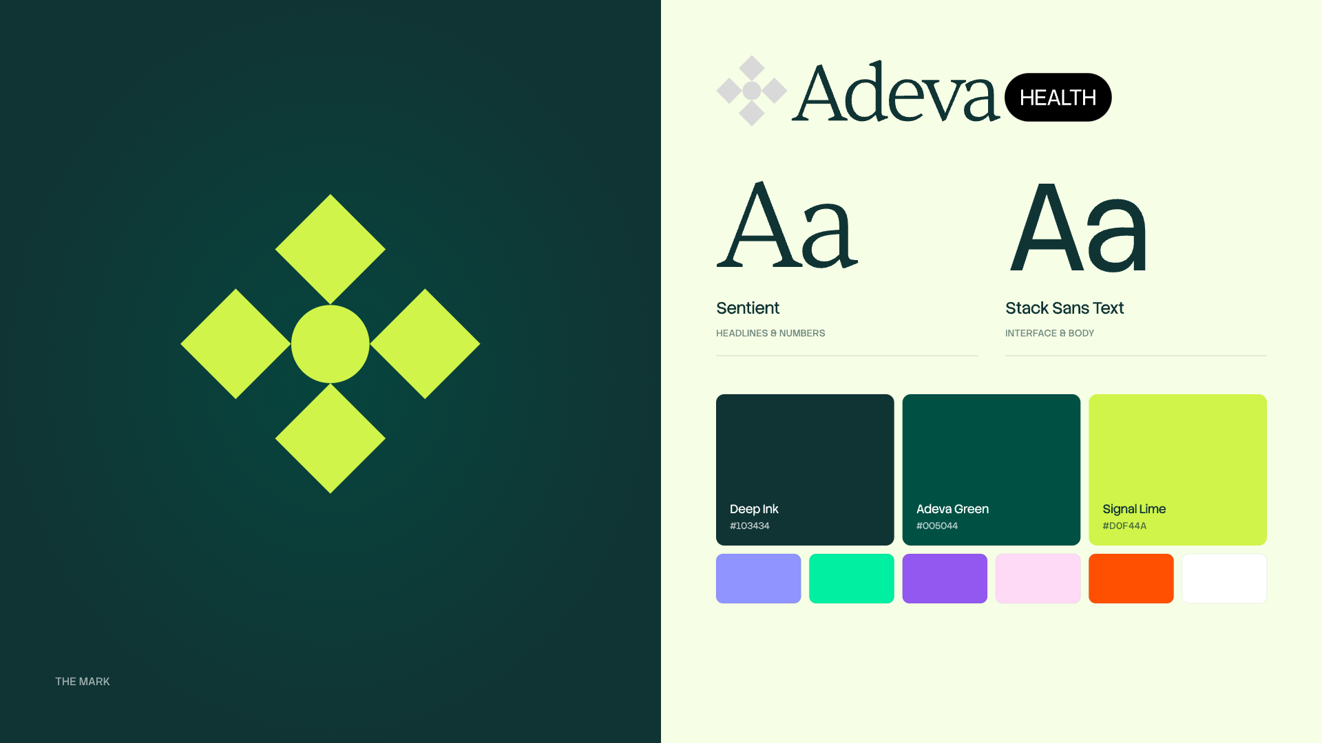 Adeva Health identity: mark, type, palette