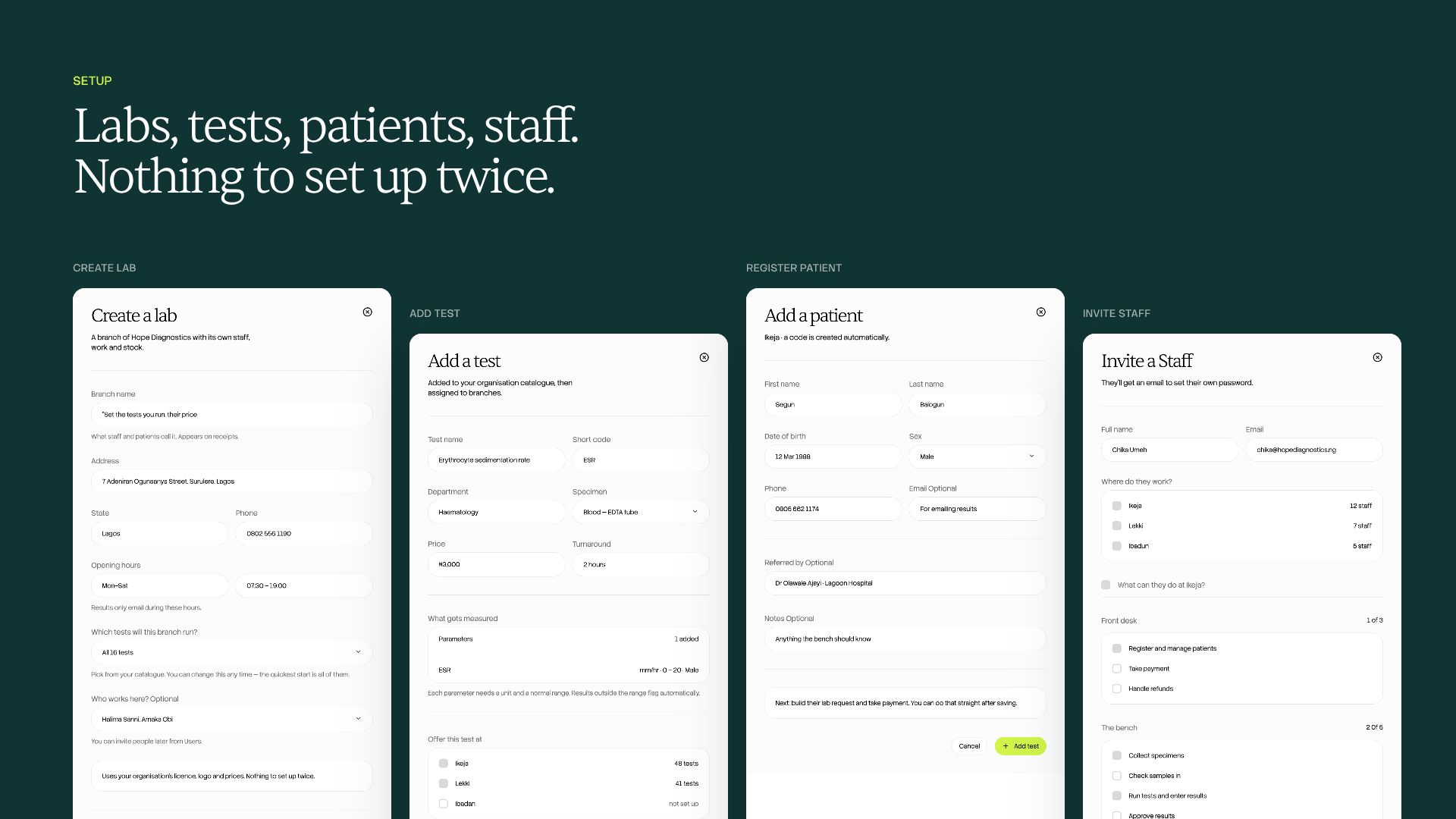 Setup forms for lab, test, patient and staff