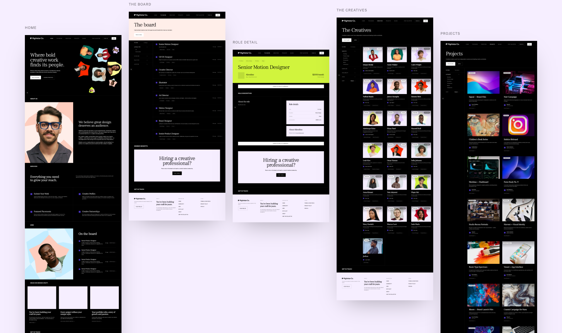 Home, the board, a role, the creatives and projects pages
