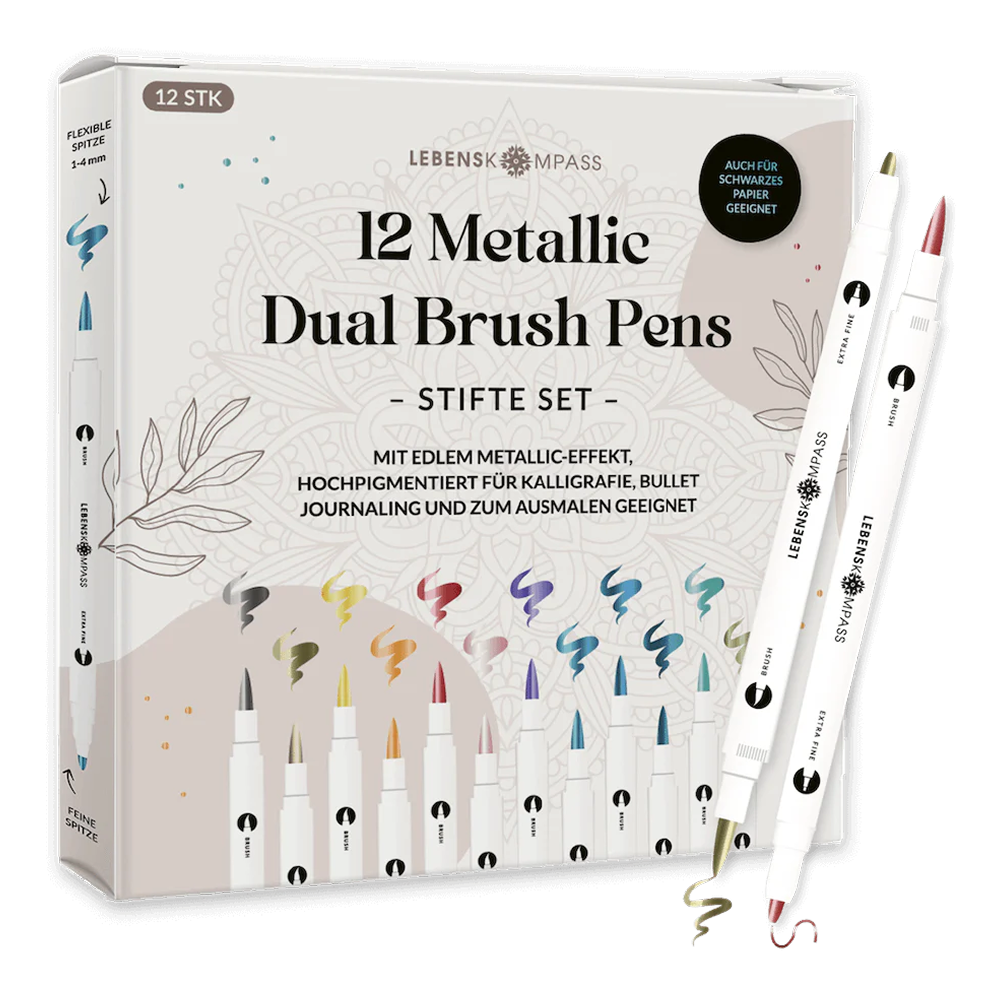 12er Metallic Dual Brush Pen Komplettset - farbenfrohe Stifte von Lebenskompass - Pinselmarker, Stifte mit Pinselspitze