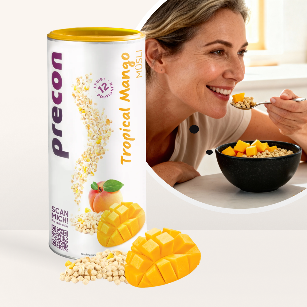 Tropical Mango Müsli, nur 205 kcal, 32g Protein, vollwertige Mahlzeit, gluten-/laktosefrei, Fitness Bowl, High Protein Müsli, Mahlzeitenersatz, Precon