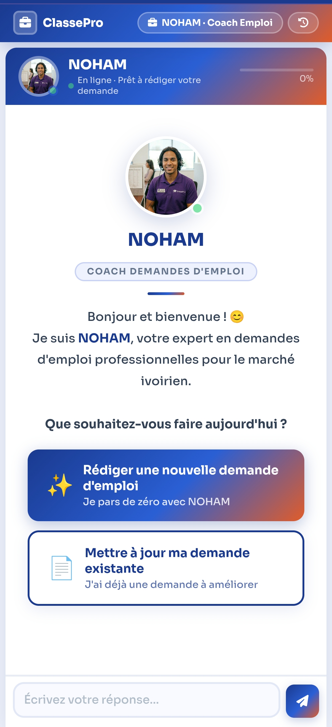 Accueil assistant NOHAM demande d'emploi ClassePro