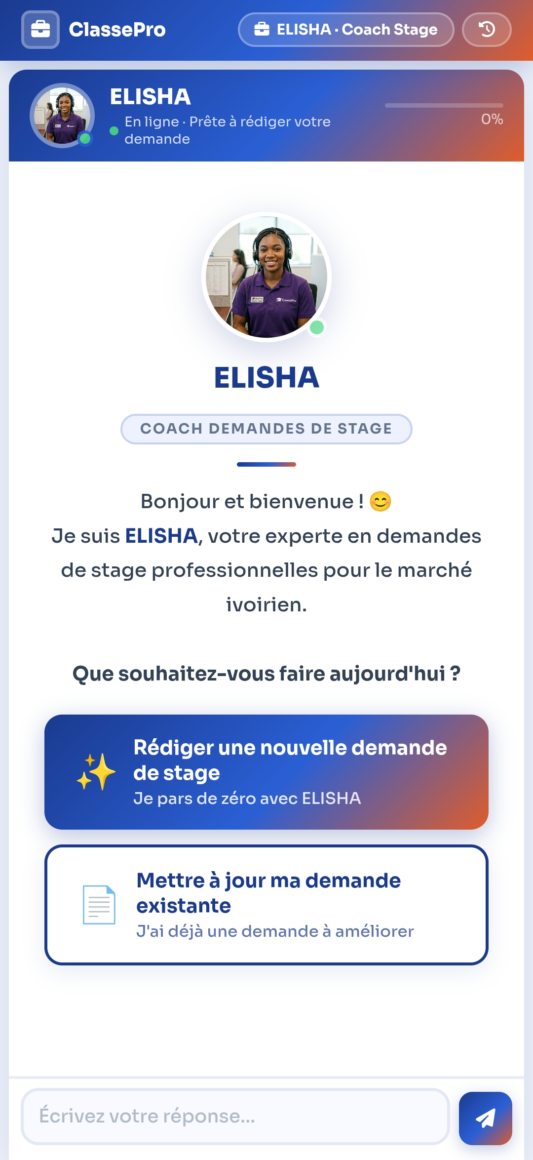Écran d'accueil ELISHA - coach demandes de stage