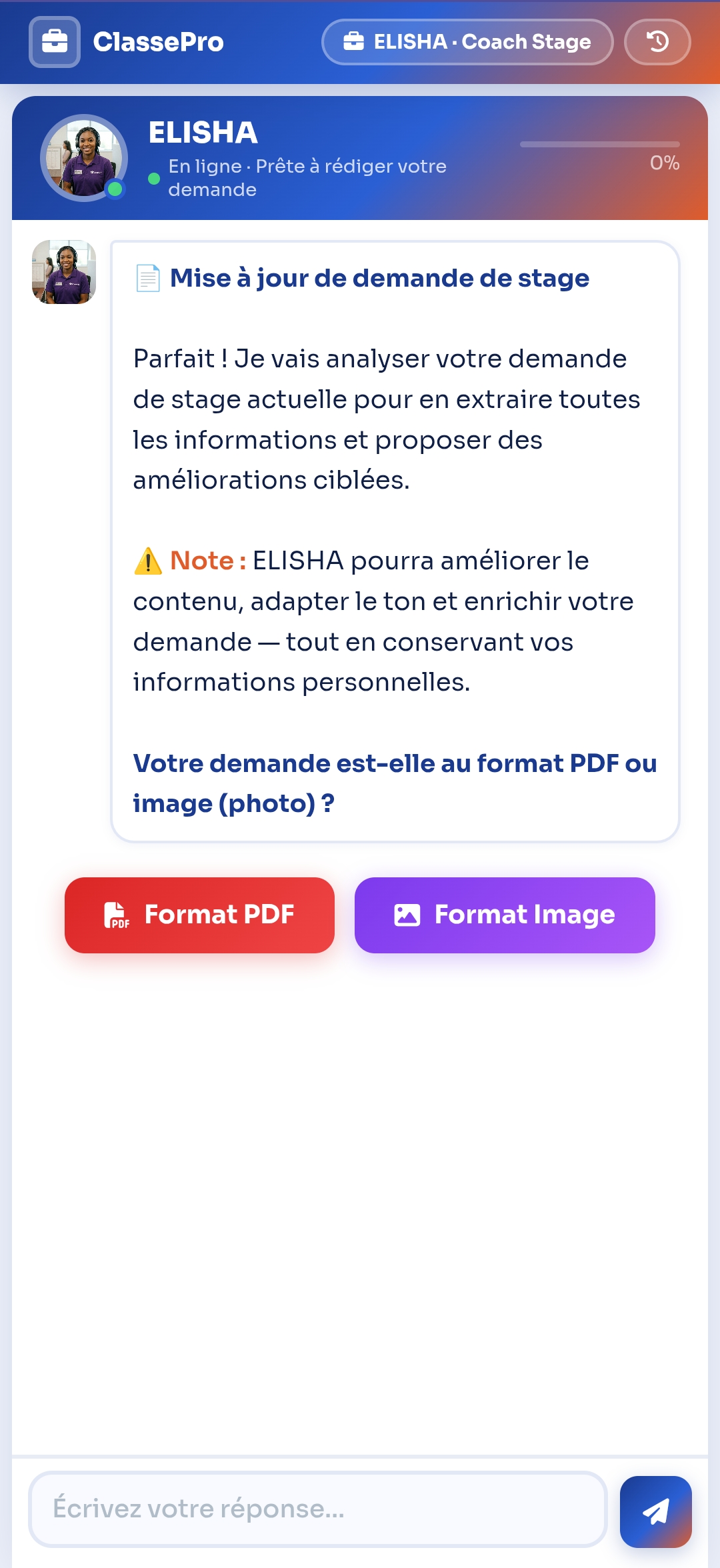 Mise à jour d'une demande de stage existante avec ELISHA