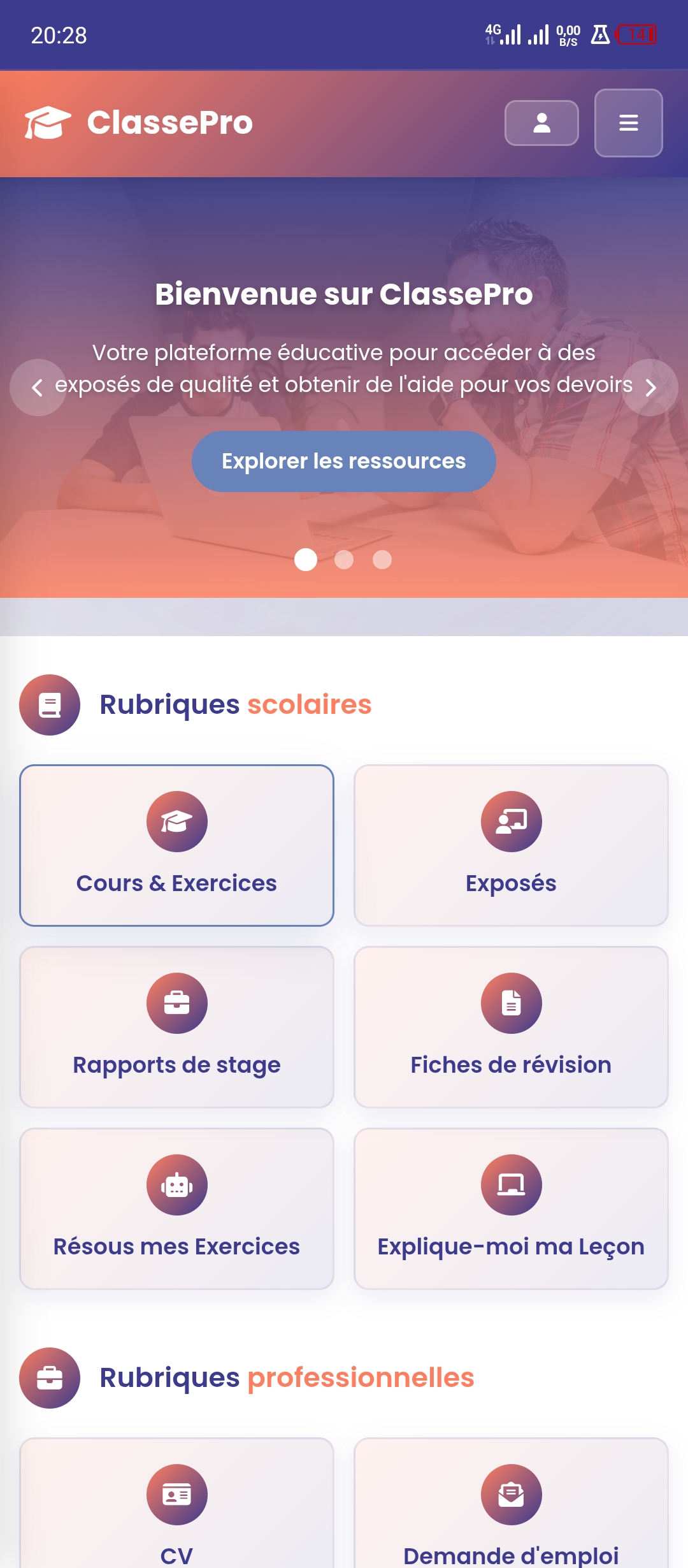 Accueil ClassePro — Rubriques scolaires et professionnelles