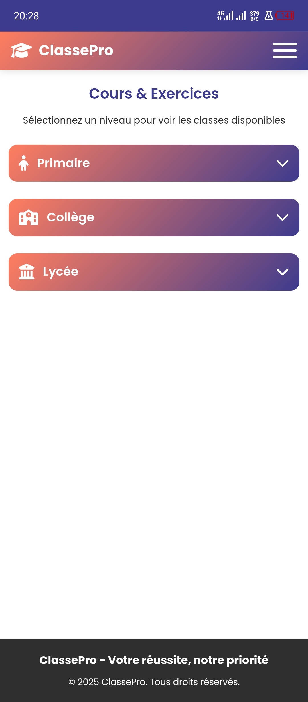 Sélection du niveau — Primaire, Collège, Lycée
