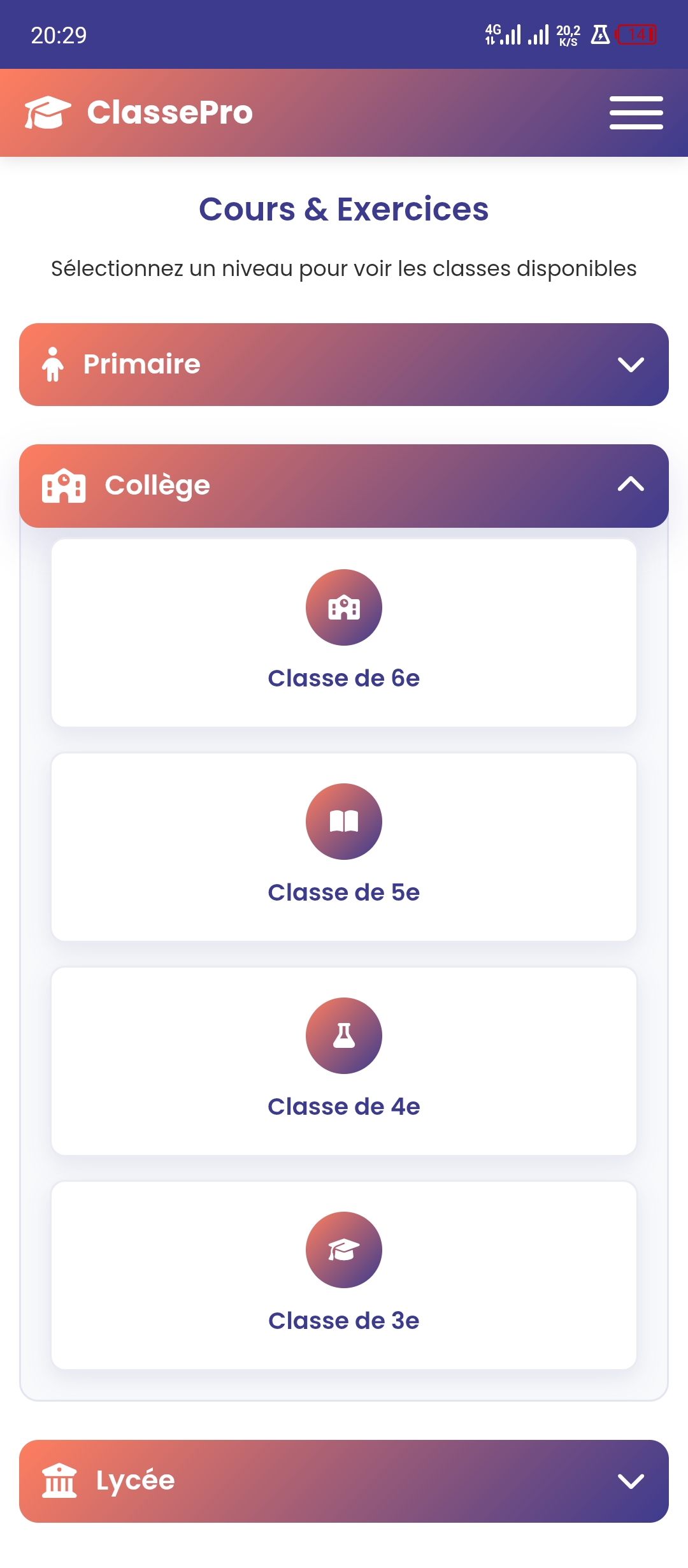 Classes disponibles au Collège — 6e, 5e, 4e, 3e