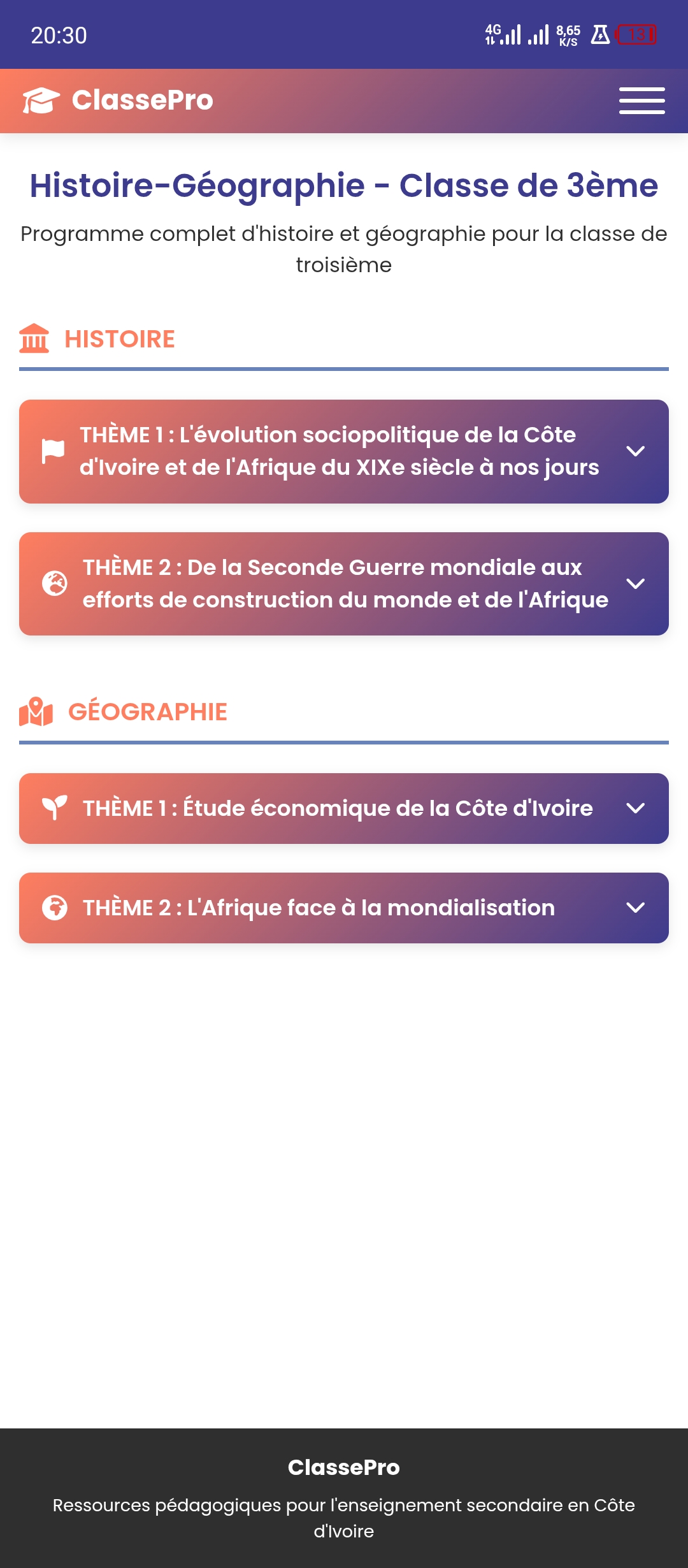 Cours Histoire-Géographie 3ème — thèmes officiels