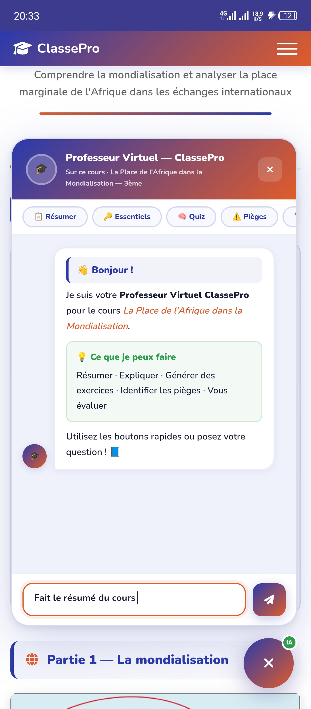 Professeur virtuel IA ClassePro — résumé et explications générés