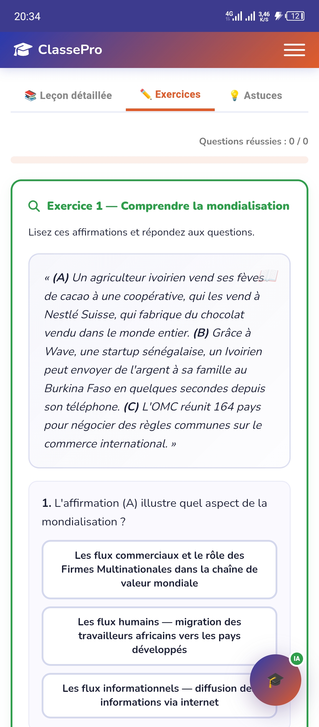 Exercices interactifs ClassePro — questions contextualisées