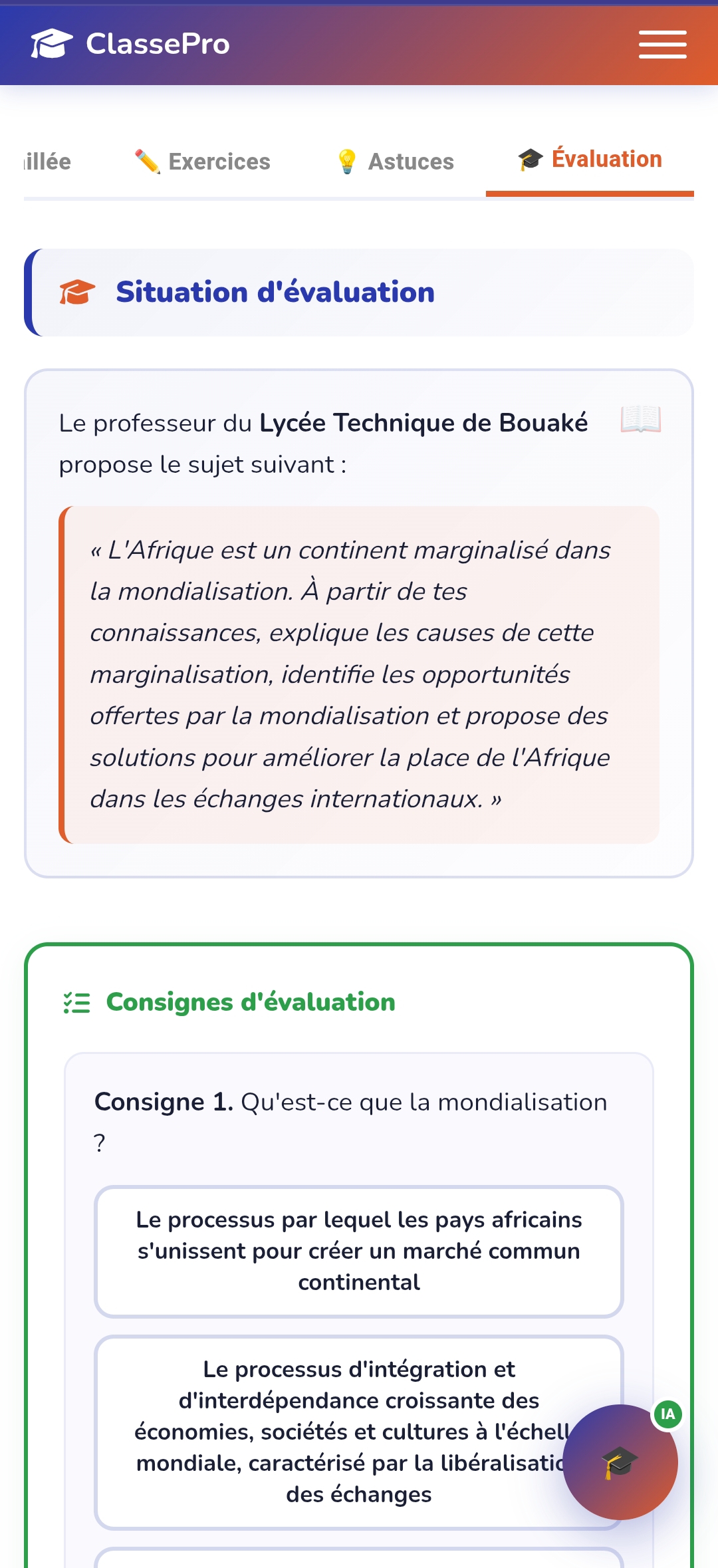 ClassePro — Situation d'évaluation type examen avec QCM