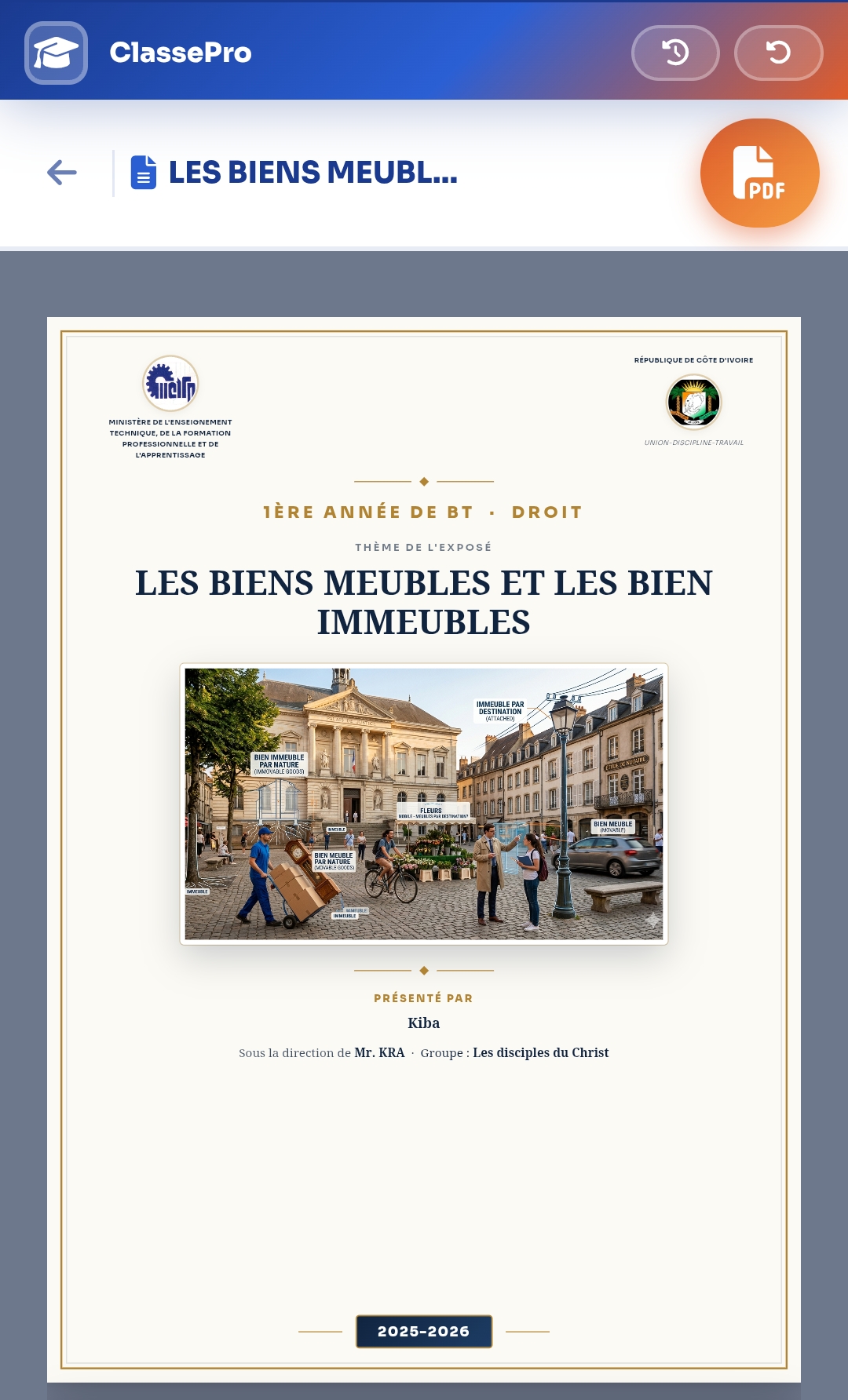 Page de garde d'un exposé généré par l'IA ClassePro