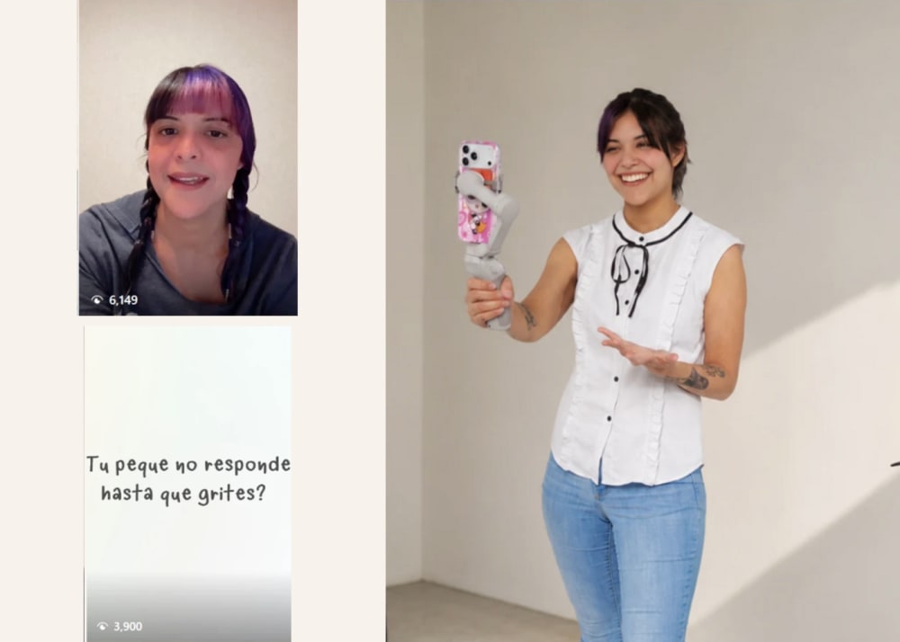 Documentary collage of Nari recording a Criar Sin Culpas Reel during the photoshoot, alongside real published Instagram posts and Reels from the live account