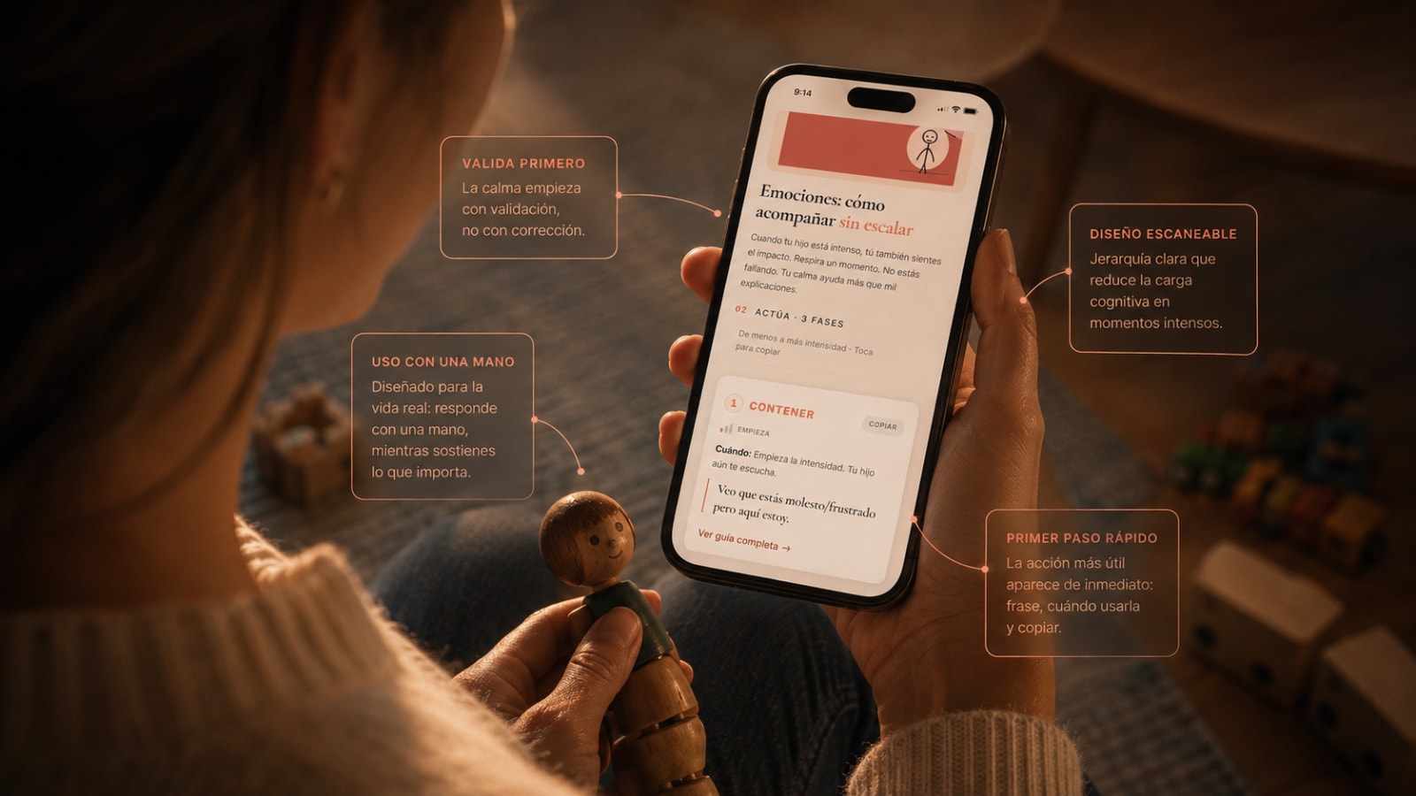 Parent using the Criar Sin Culpas Desbordes quick guide on a phone while holding a child's toy, with annotations showing why the experience works under pressure