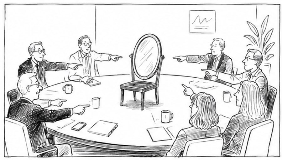 Editorial cartoon: executives at a boardroom table pointing at a mirror propped in an empty chair