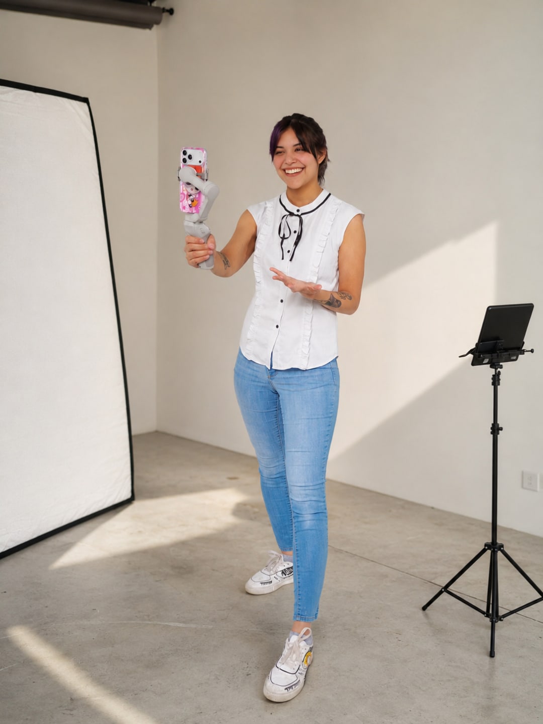 Nari grabando contenido educativo en el estudio con su teléfono y trípode