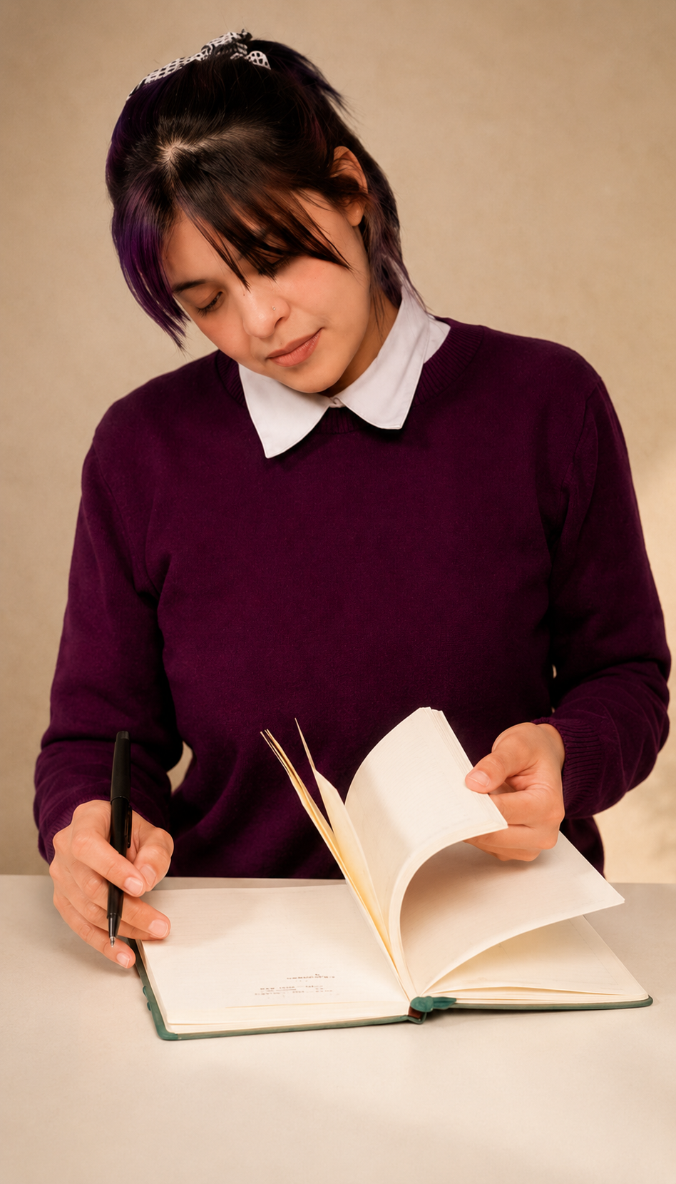 Nari escribiendo en un cuaderno mientras desarrolla el método Criar Sin Culpas.