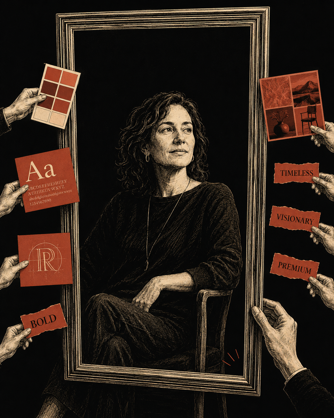 Editorial illustration for El Retrato: a woman framed by hands presenting palette, type, and brand cues