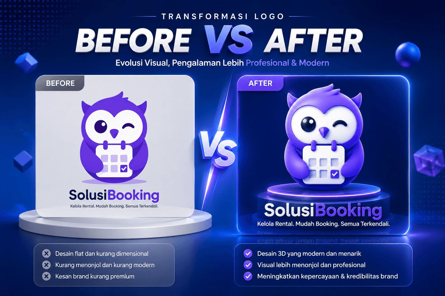 Perbandingan logo 2D biasa vs logo animasi 3D - tampak lebih profesional dan premium