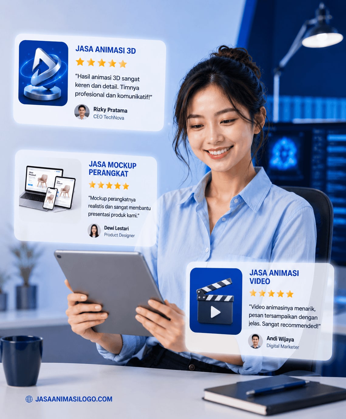 Testimoni pelanggan puas jasa animasi logo 3D - rating 5 bintang dari ratusan klien