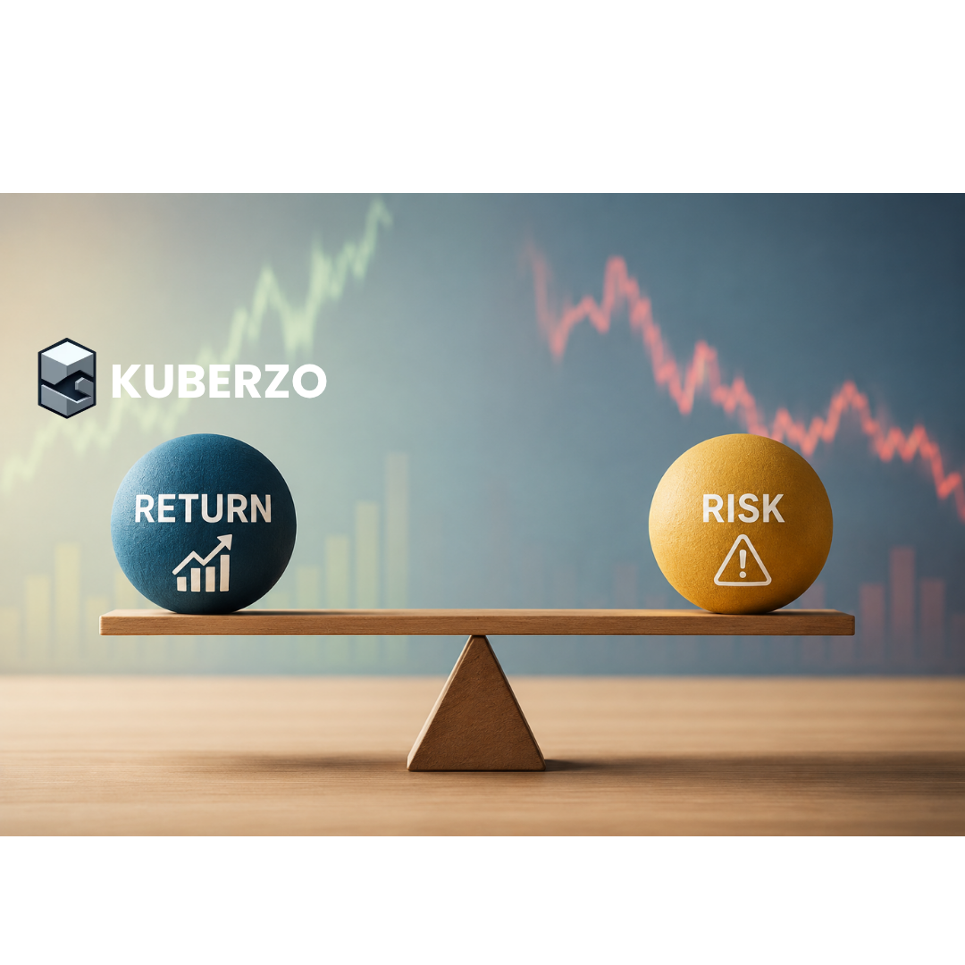 A conceptual illustration of investment risk and return featuring a balanced scale with financial elements, upward and downward market trend visuals, and a modern blue-toned background symbolizing the trade-off between potential returns and investment risk.