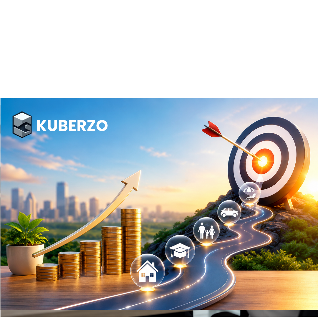 Goal-based investing concept illustration featuring a growing stack of gold coins with an upward arrow, a winding road leading to a bullseye target, and financial milestones represented by icons for a home, education, family, car, and vacation. The background shows a modern city skyline at sunrise, symbolizing long-term financial planning, wealth creation, and achieving life goals through disciplined investing.