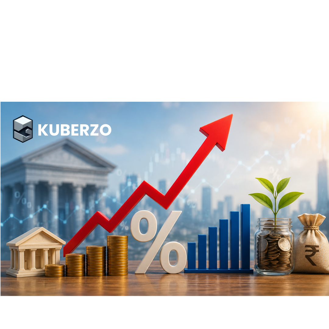 Illustration showing how interest rates affect investments with rising graph, percentage symbol, coins, bank building, and financial market growth.