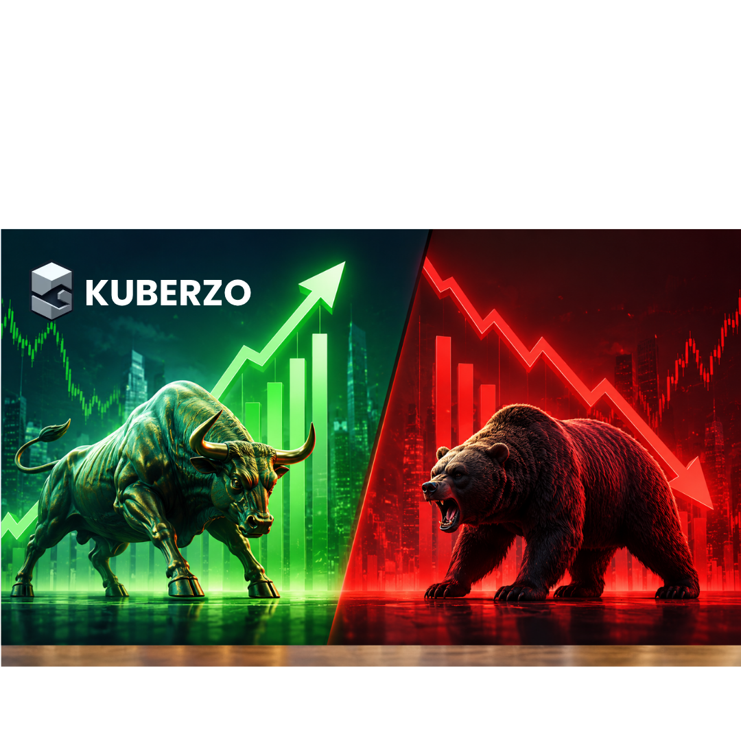 Bull and bear facing each other with rising and falling stock market charts in the background, representing bullish and bearish market trends.