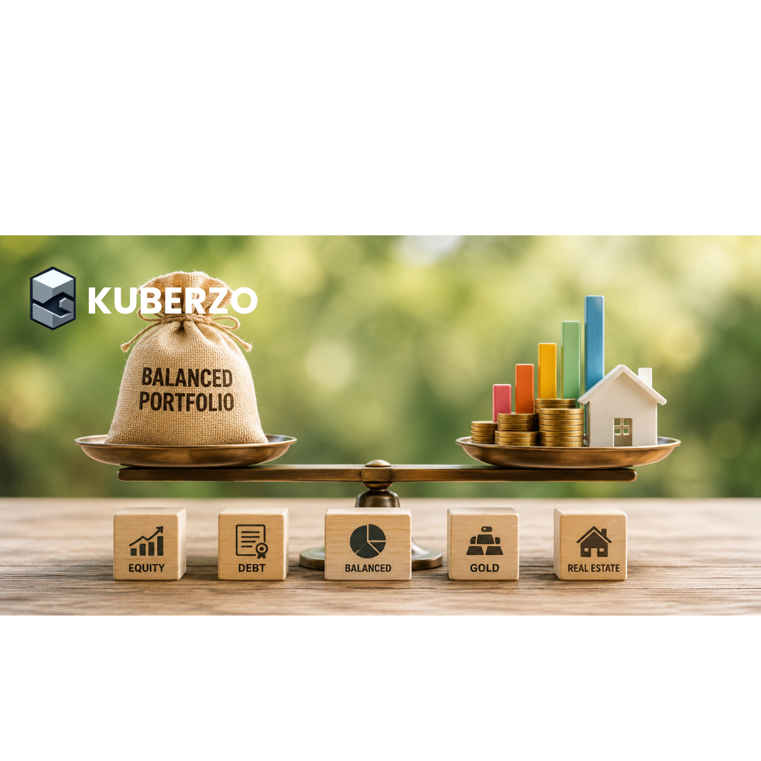 A diversified investment portfolio represented by balancing financial assets such as stocks, bonds, savings, and growth charts, symbolizing asset allocation, portfolio diversification, and long-term wealth creation.