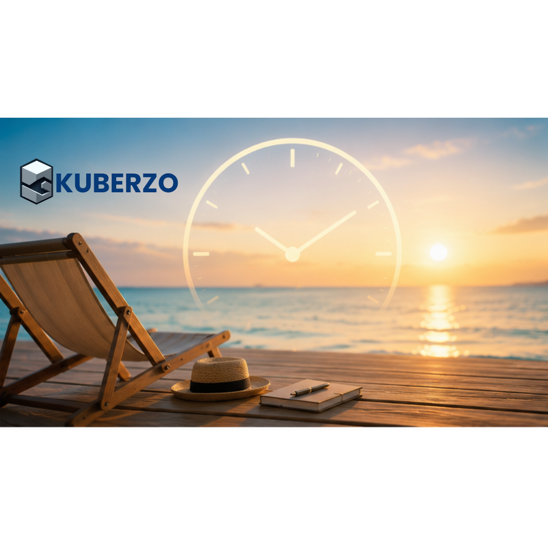 A peaceful sunrise over a beach with a wooden lounge chair on a deck, a notebook and hat placed nearby, and a large translucent clock overlay symbolizing time. The serene coastal setting represents the concept of "Wealth Leave"-taking dedicated time away from work to focus on financial planning, reflection, and long-term financial well-being.