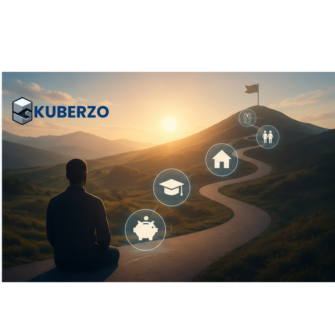 A person sits at the beginning of a winding road leading toward a hilltop at sunrise, symbolizing a long-term financial journey. Along the path are glowing icons representing savings, education, homeownership, family, and retirement milestones, illustrating key life goals achieved through thoughtful financial planning. The warm, optimistic landscape reflects the concept of "Wealth Leave"-setting aside dedicated time to plan, prioritize, and build a secure financial future.